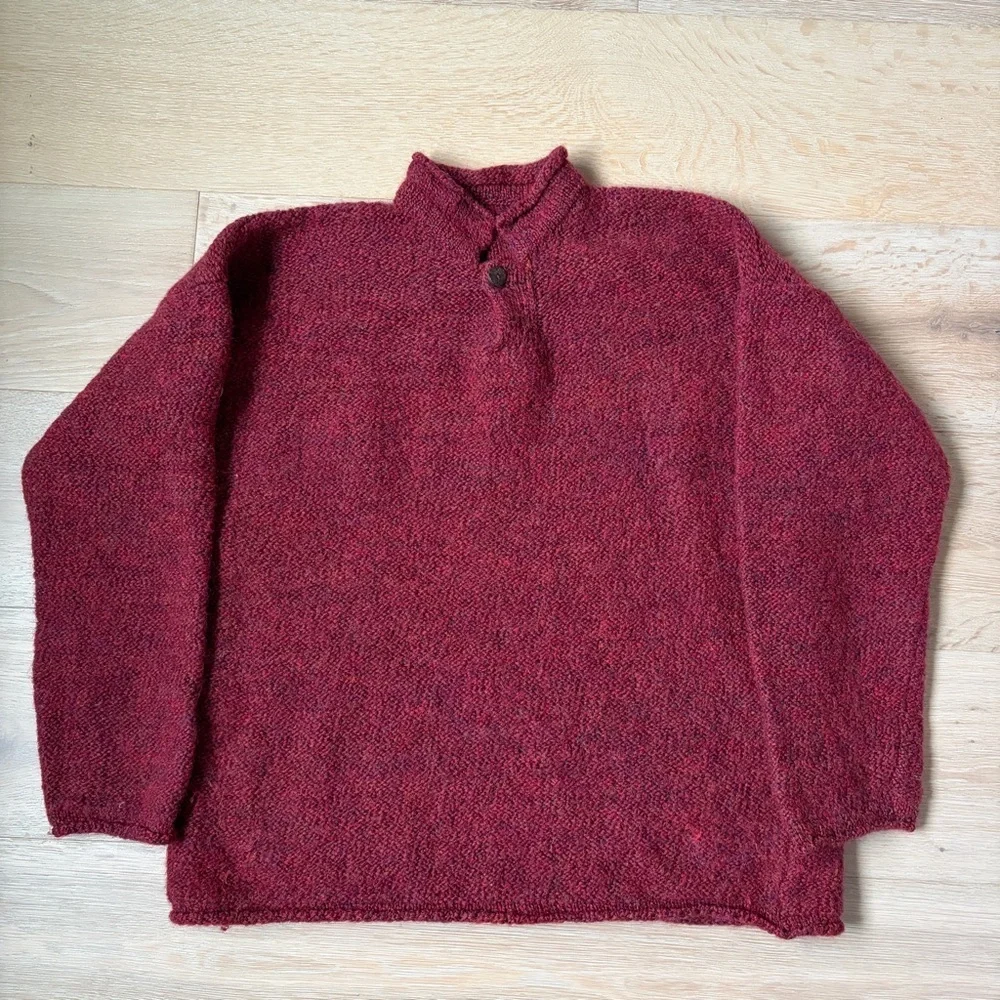 Handmade Wool Sweater Burgundy Henley Oversized Chunky Artisan Unisex Sz XL*H4